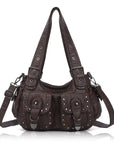 Vintage Washed Multi-Pocket Purse - Punk Studded Crossbody Shoulder Bag for Women