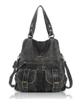 Washed Multi-Pocket Cargo Tote Bag with Crossbody Strap
