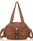 Small Double-Handle Shoulder Bag with Multiple Front Pockets