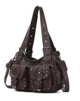 Vintage Washed Multi-Pocket Purse - Punk Studded Crossbody Shoulder Bag for Women