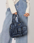 Small Multi-Pocket Denim Satchel Bag with Crossbody Strap