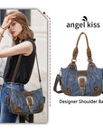 Studded Buckle Satchel Shoulder Bag with Crossbody Strap