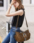 Studded Buckle Satchel Shoulder Bag with Crossbody Strap