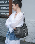 Studded Buckle Satchel Shoulder Bag with Crossbody Strap