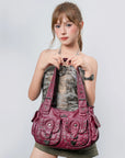 Vintage Washed Multi-Pocket Purse - Punk Studded Crossbody Shoulder Bag for Women