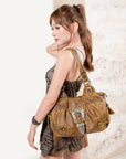 Studded Buckle Satchel Shoulder Bag with Crossbody Strap