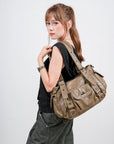 Vintage Washed Slouchy Hobo - Studded Multi-Pocket Crossbody