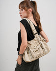 Lace-Up Multi-Pocket Hobo Shoulder Bag