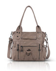 Women’s Vintage Utility Shoulder Bag with Layered Zip Pockets