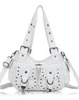 Vintage Washed Multi-Pocket Purse - Punk Studded Crossbody Shoulder Bag for Women