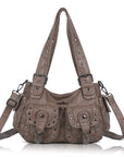 Vintage Washed Multi-Pocket Purse - Punk Studded Crossbody Shoulder Bag for Women