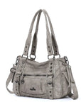 Vintage Distressed Vegan PU Studded Multi-Pocket Shoulder Tote Bag