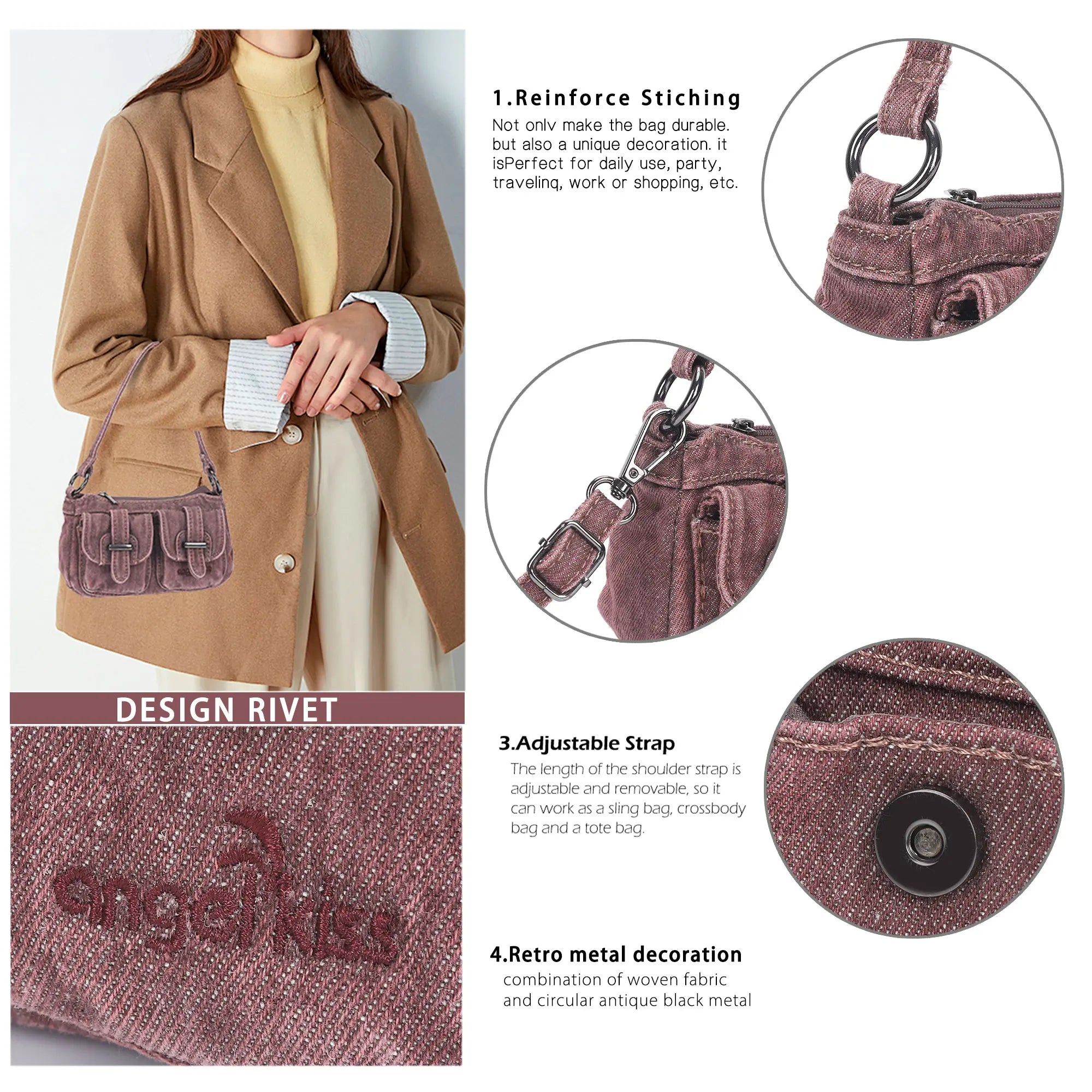 Vintage Multi-Pocket Denim Mini Baguette Bag | Angel Kiss