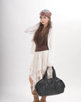 Distressed Multi-Zip Bowler Shoulder Bag