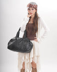 Distressed Multi-Zip Bowler Shoulder Bag