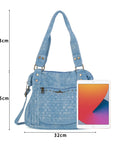 Large Handmade Multipocket Washed Denim Tote Plaid Bag