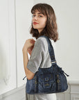Lace-Up Multi-Pocket Hobo Shoulder Bag