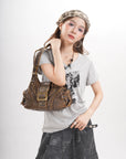 Y2K Leopard Moto Shoulder Bag, Buckle Detail & Convertible Carry