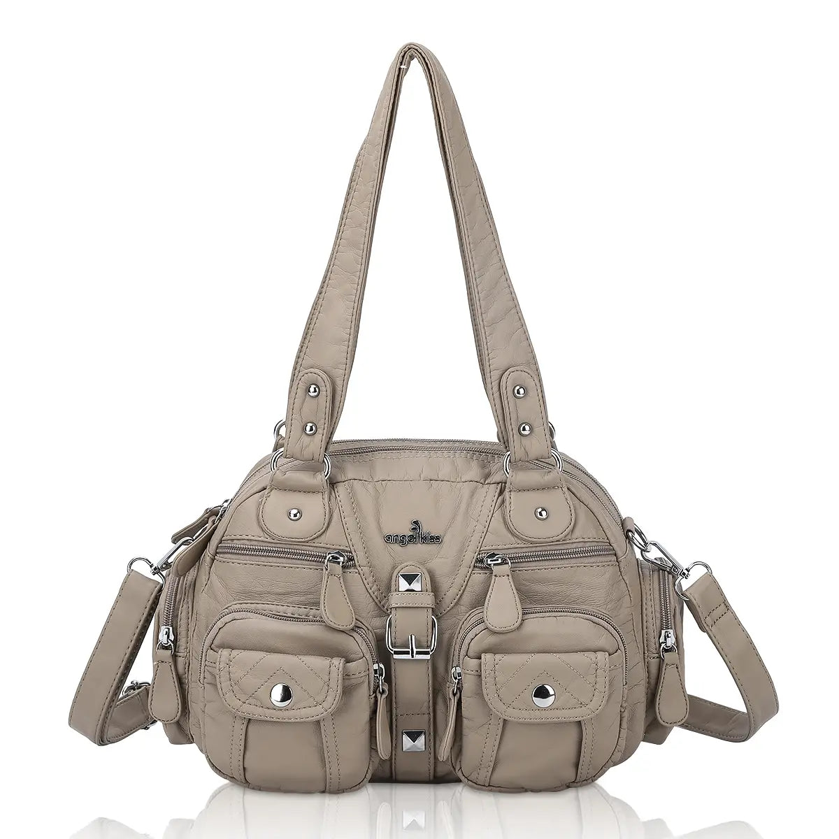 Small Double-Handle Shoulder Bag with Multiple Front Pockets