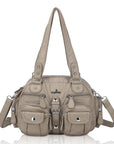 Small Double-Handle Shoulder Bag with Multiple Front Pockets