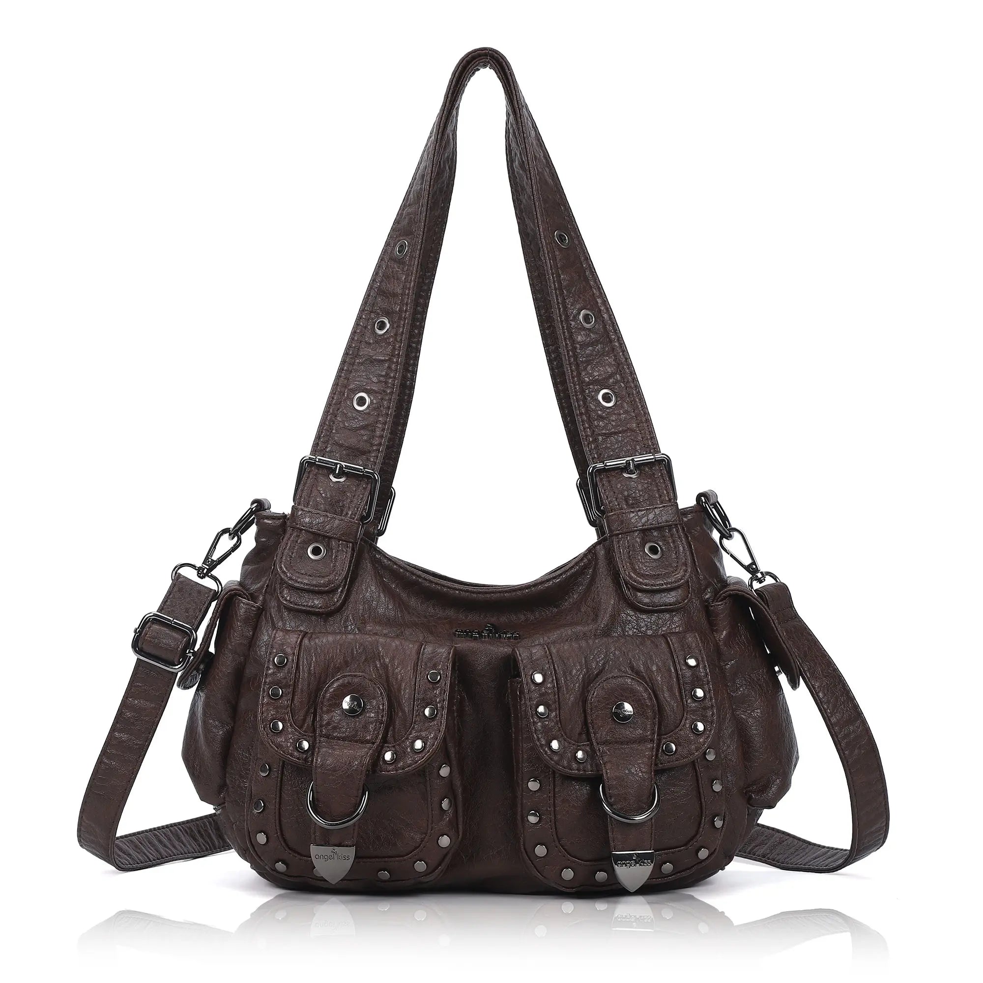 Vintage Washed Multi-Pocket Purse - Punk Studded Crossbody Shoulder Bag for Women