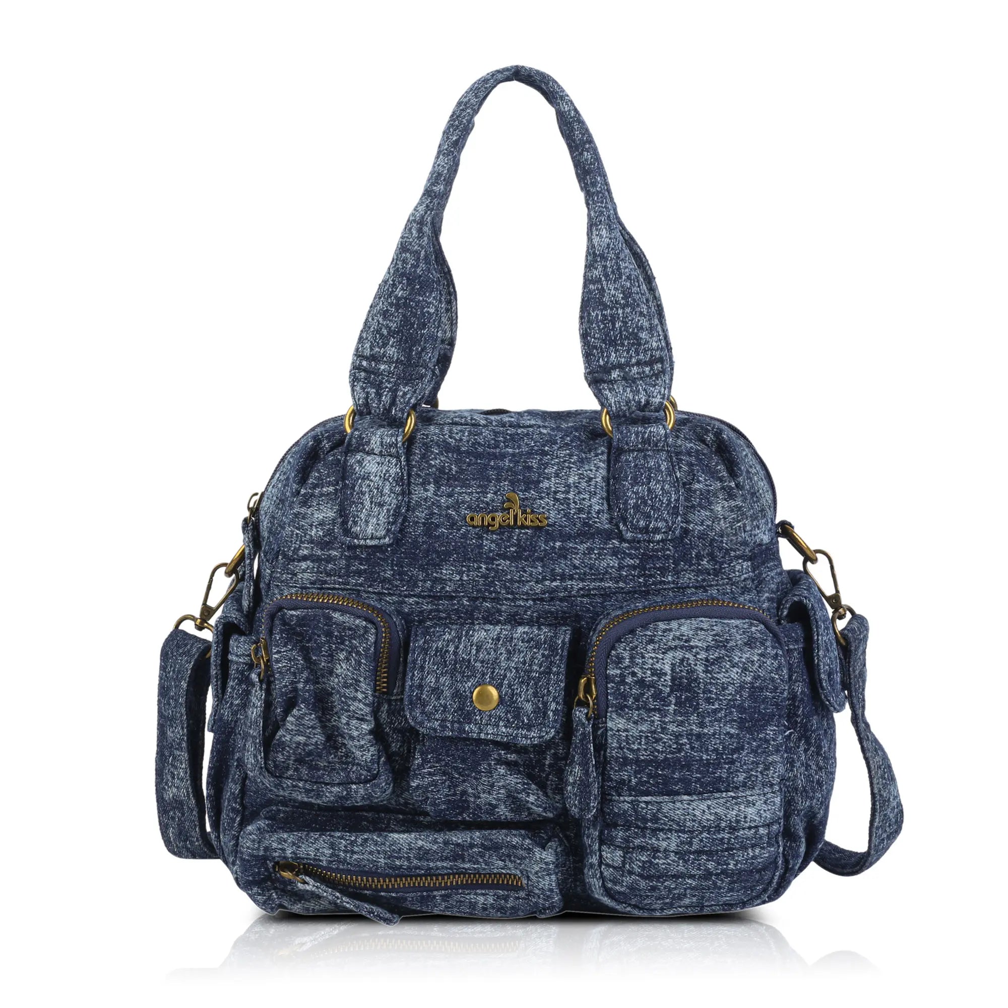 Small Multi-Pocket Denim Satchel Bag with Crossbody Strap