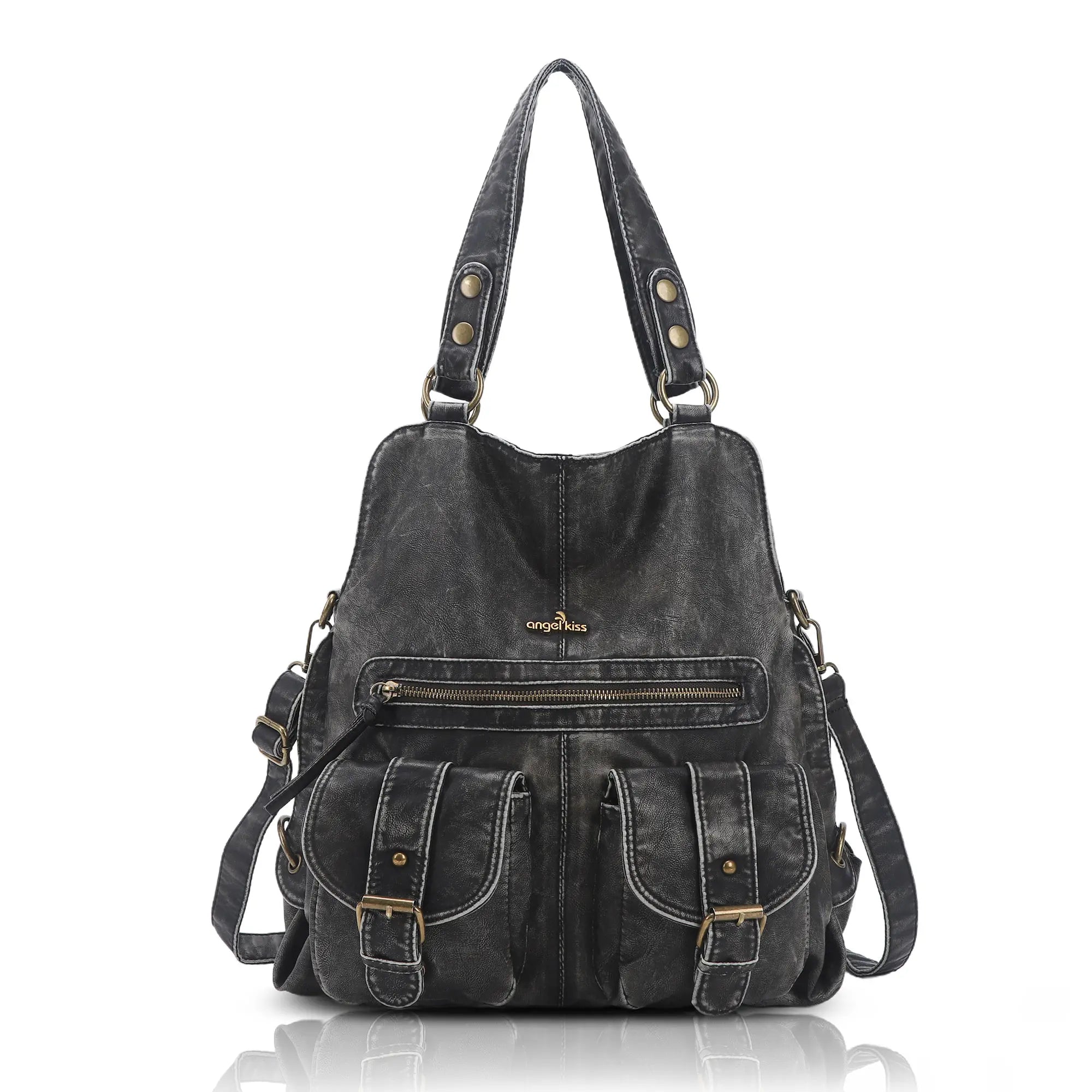 Washed Multi-Pocket Cargo Tote Bag with Crossbody Strap