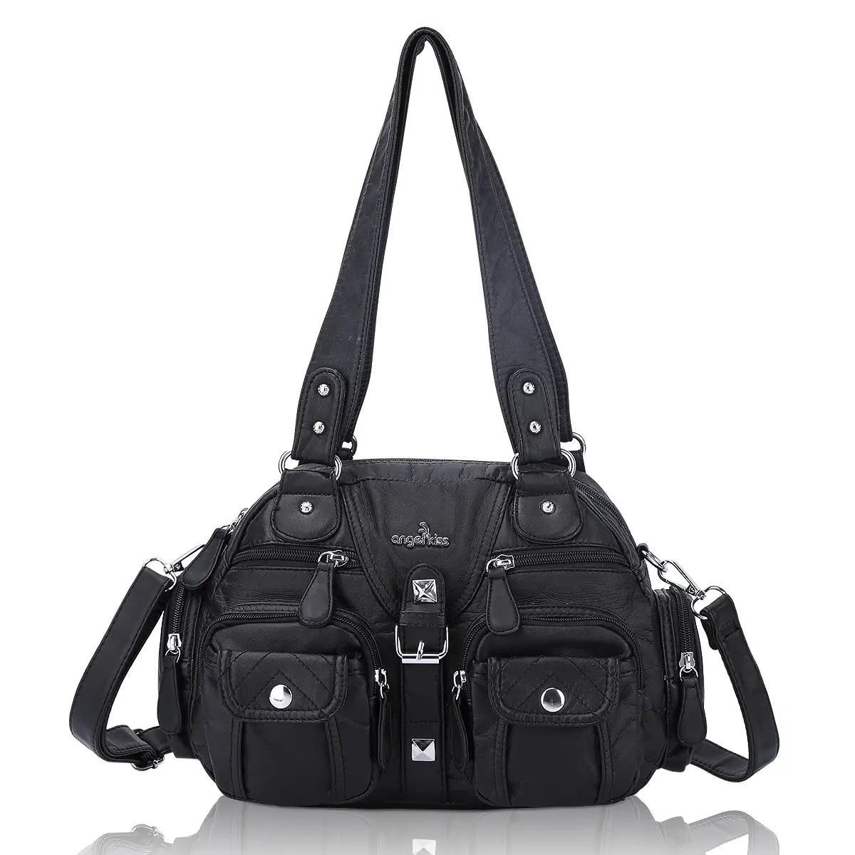 Small Double-Handle Shoulder Bag with Multiple Front Pockets