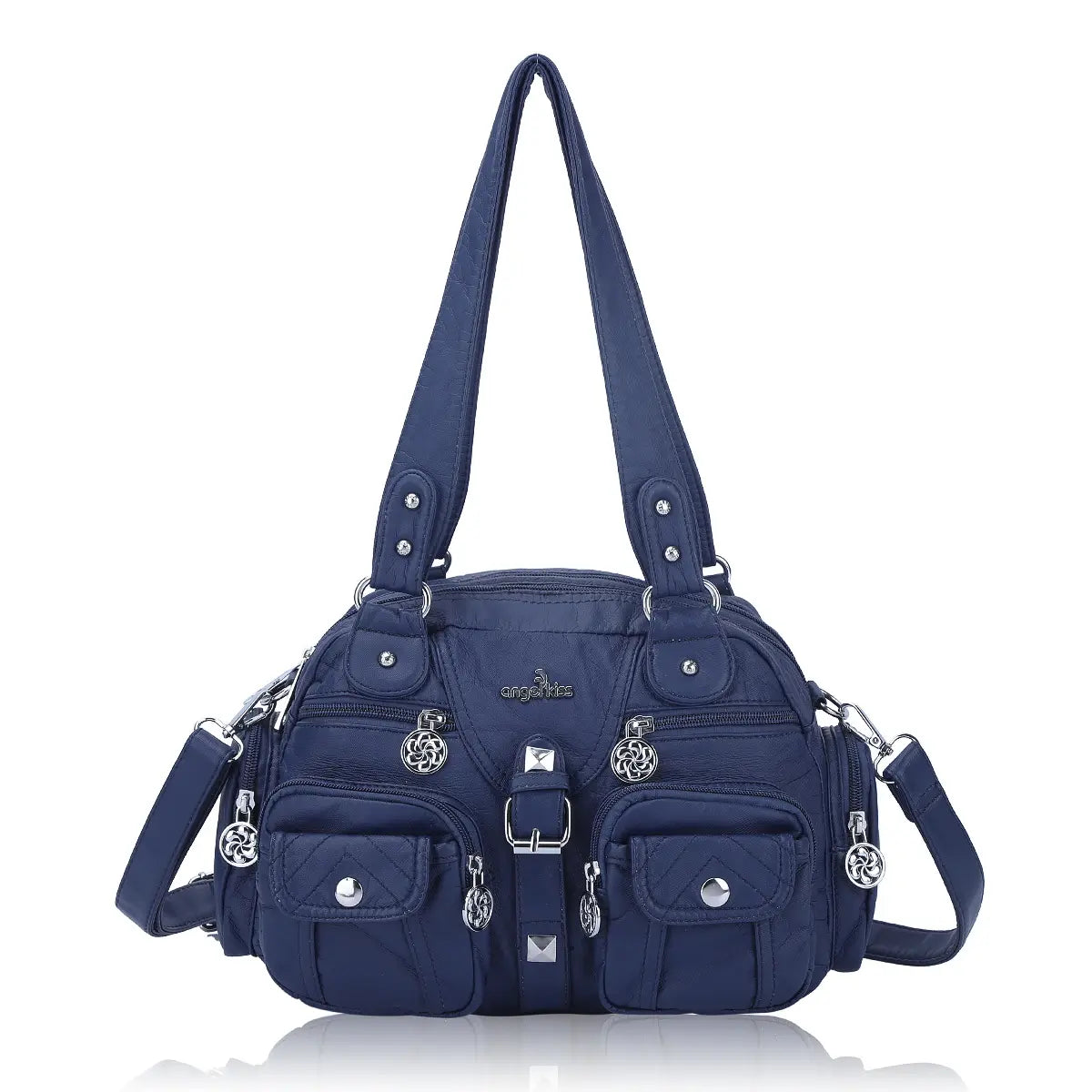 Small Double-Handle Shoulder Bag with Multiple Front Pockets
