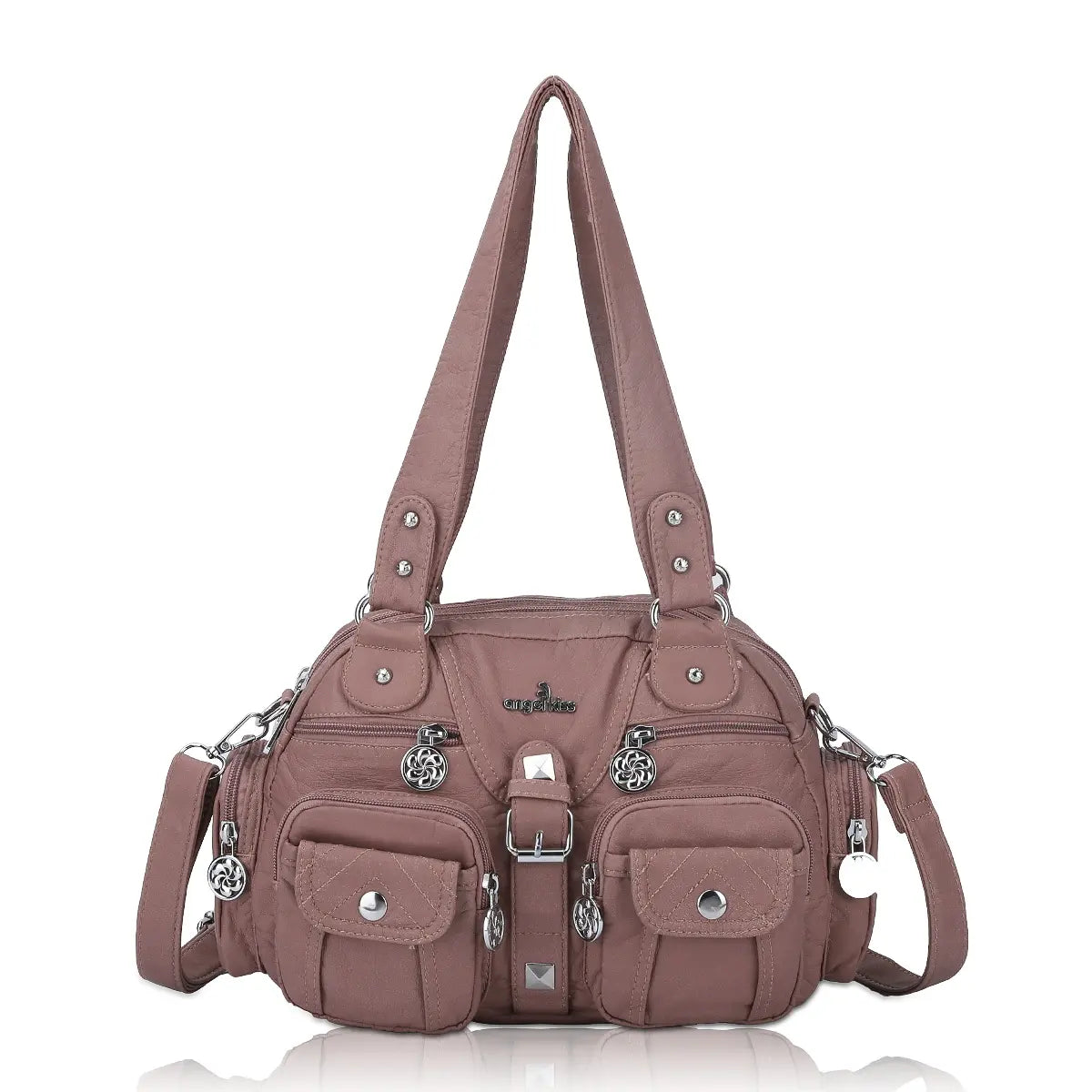 Small Double-Handle Shoulder Bag with Multiple Front Pockets