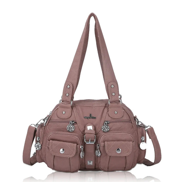 Small Double-Handle Shoulder Bag with Multiple Front Pockets