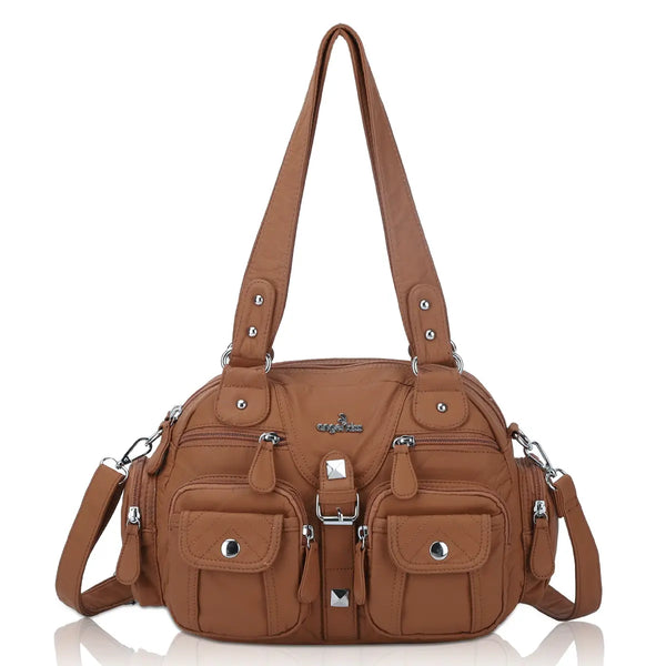 Small Double-Handle Shoulder Bag with Multiple Front Pockets