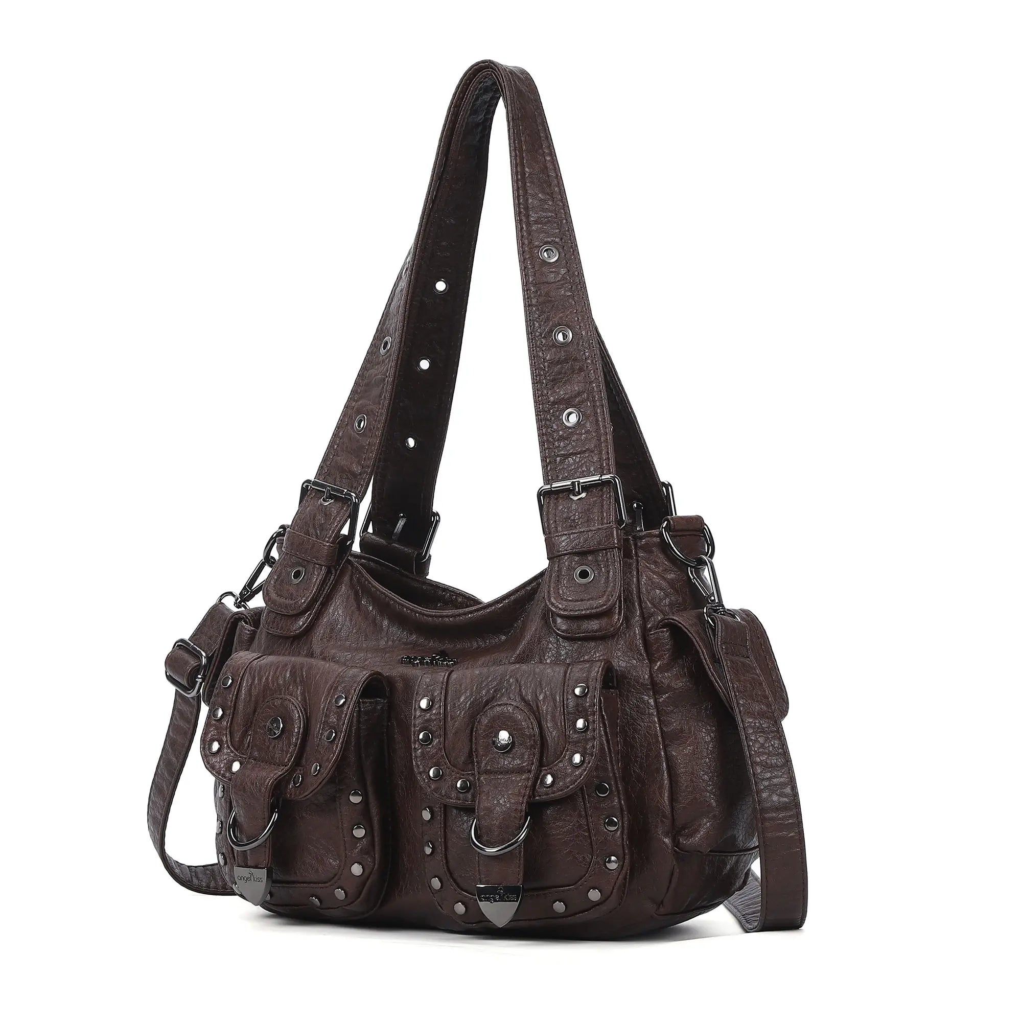 Vintage Washed Multi-Pocket Purse - Punk Studded Crossbody Shoulder Bag for Women