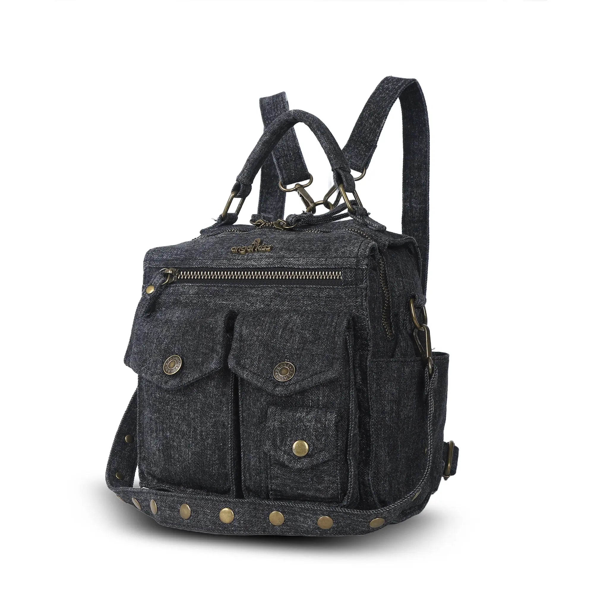 Denim Convertible Backpack Purse with Studded Strap
