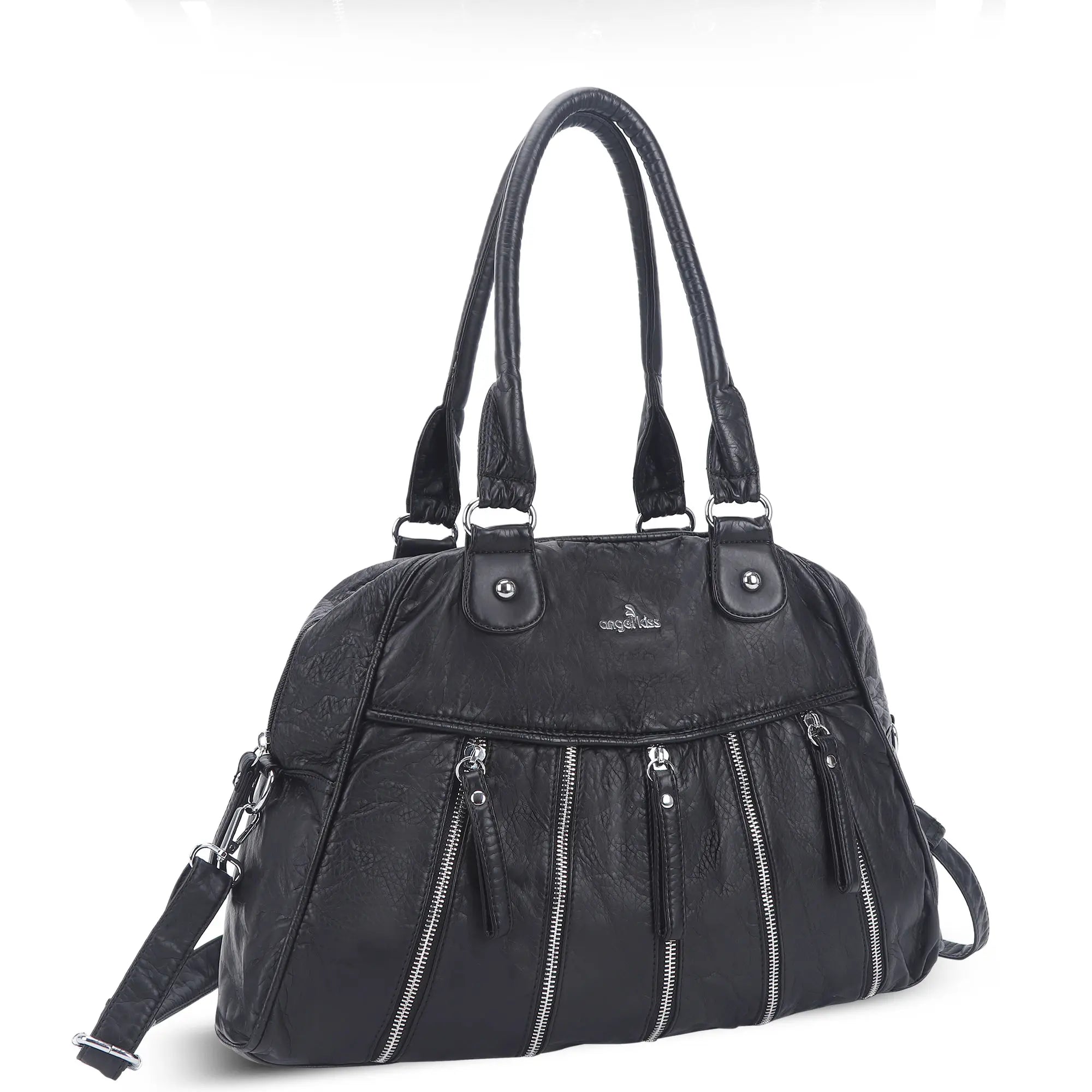 Large Multi-Zipper Pocket Satchel Bag with Crossbody Strap