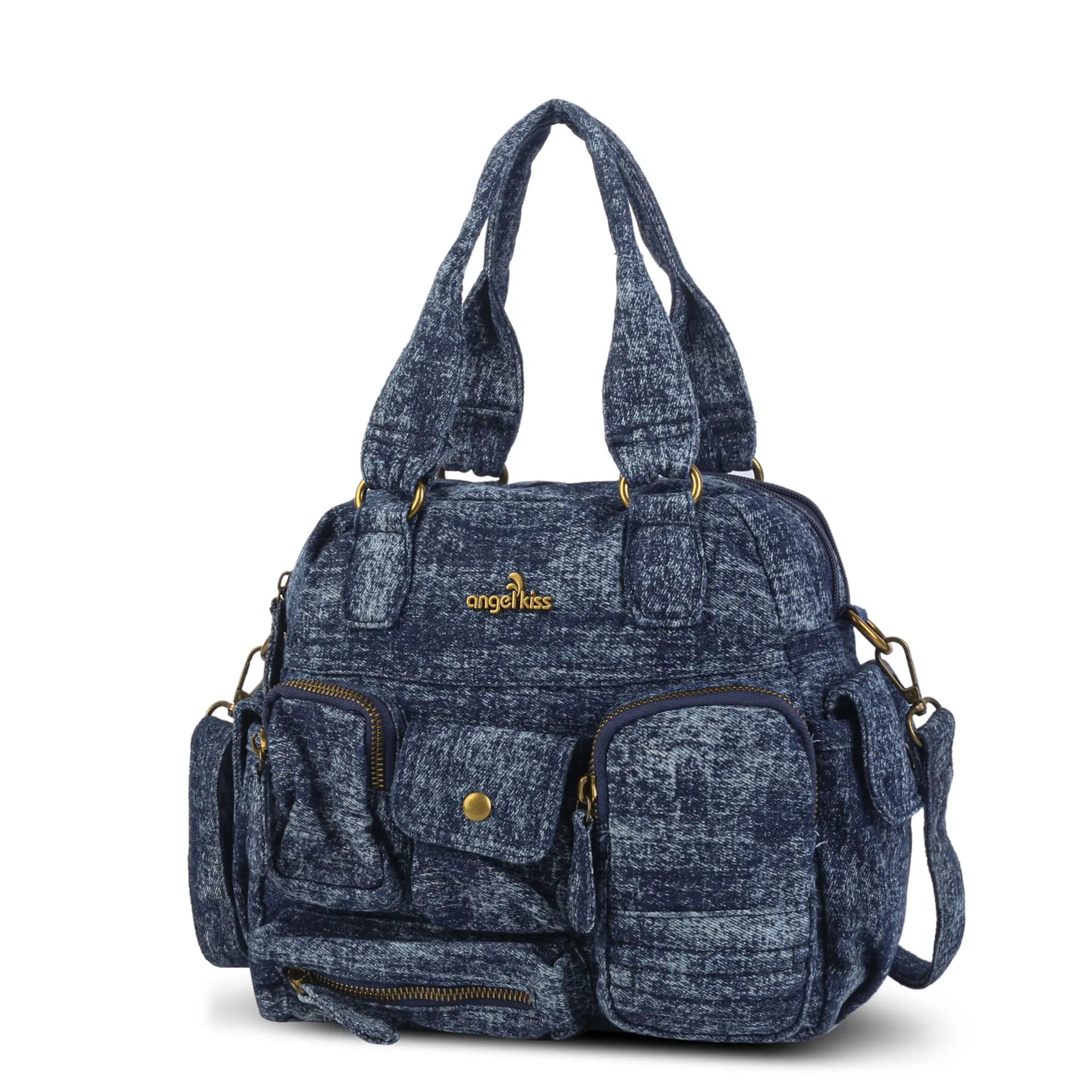 Small Multi-Pocket Denim Satchel Bag with Crossbody Strap