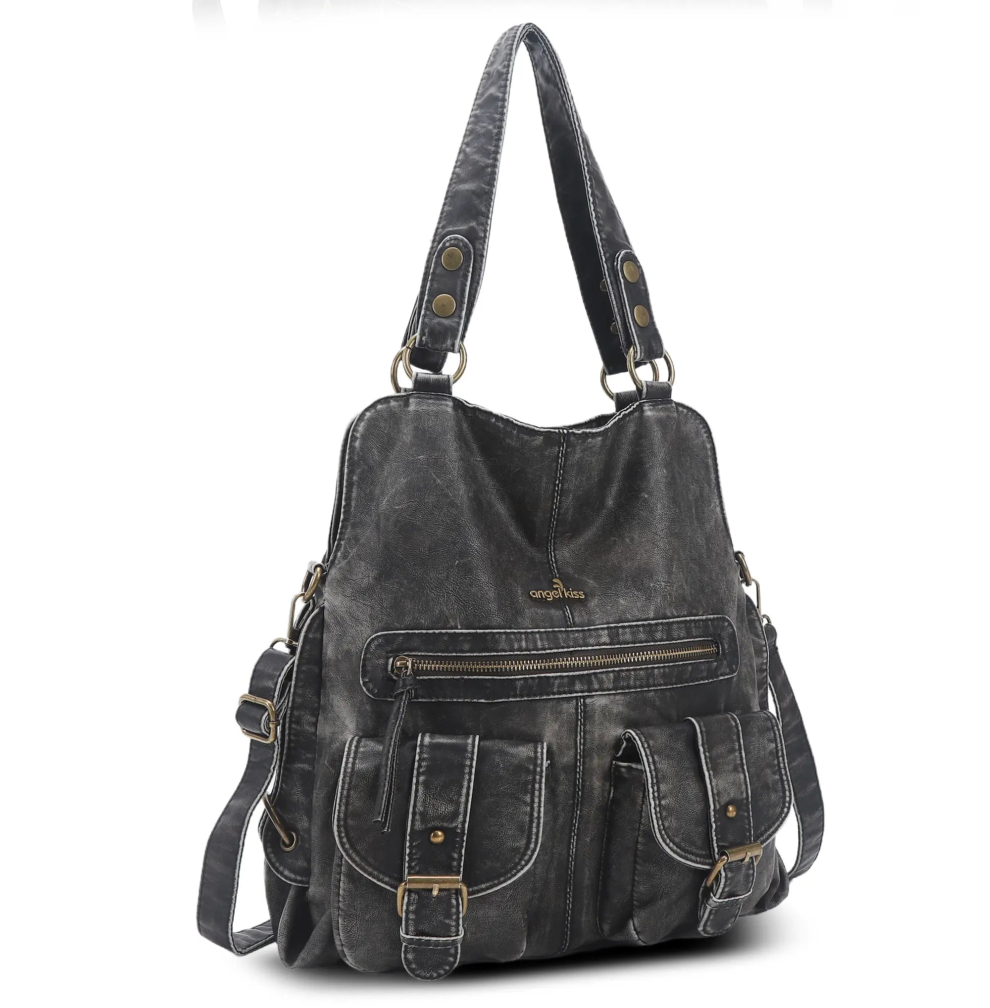 Washed Multi-Pocket Cargo Tote Bag with Crossbody Strap