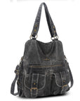 Washed Multi-Pocket Cargo Tote Bag with Crossbody Strap