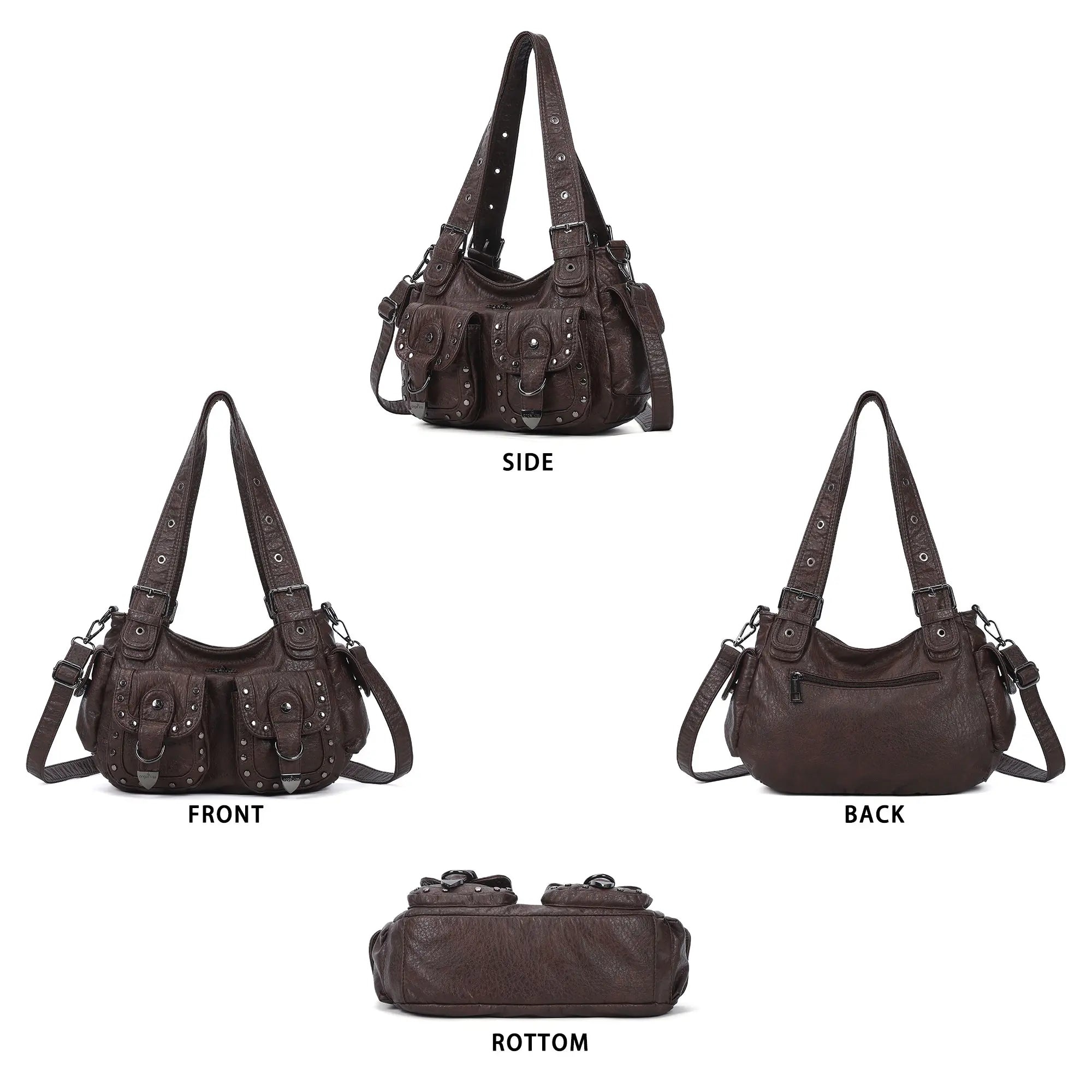 Vintage Washed Multi-Pocket Purse - Punk Studded Crossbody Shoulder Bag for Women