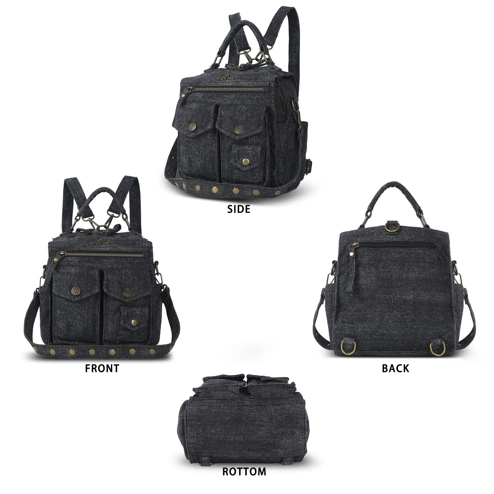 Denim Convertible Backpack Purse with Studded Strap