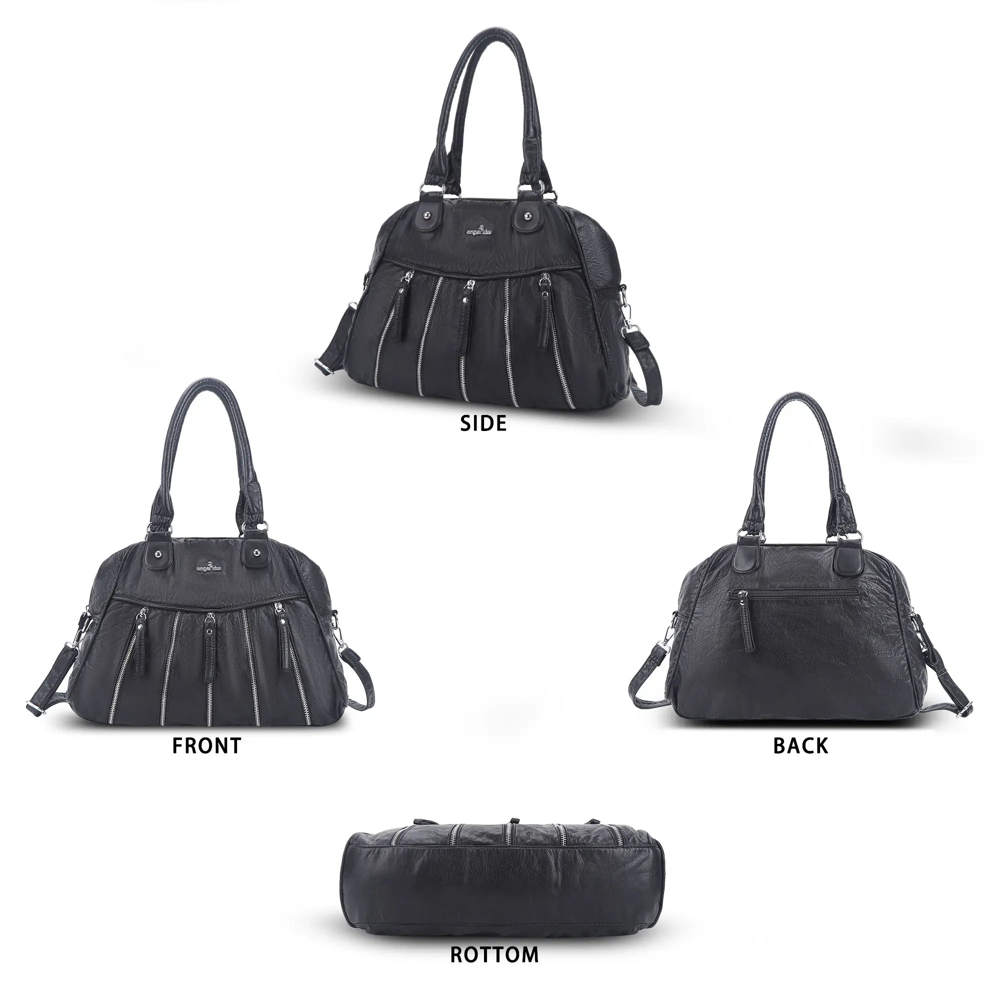 Large Multi-Zipper Pocket Satchel Bag with Crossbody Strap