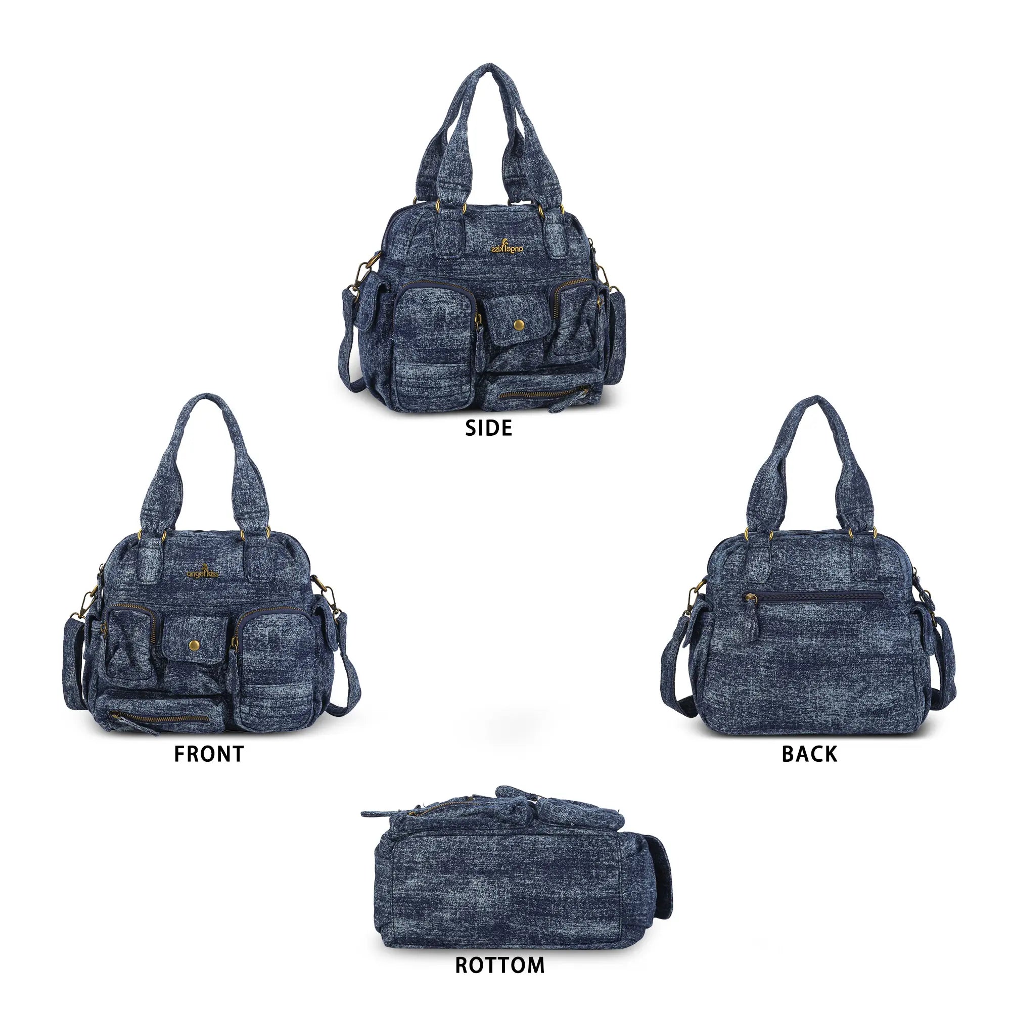 Small Multi-Pocket Denim Satchel Bag with Crossbody Strap