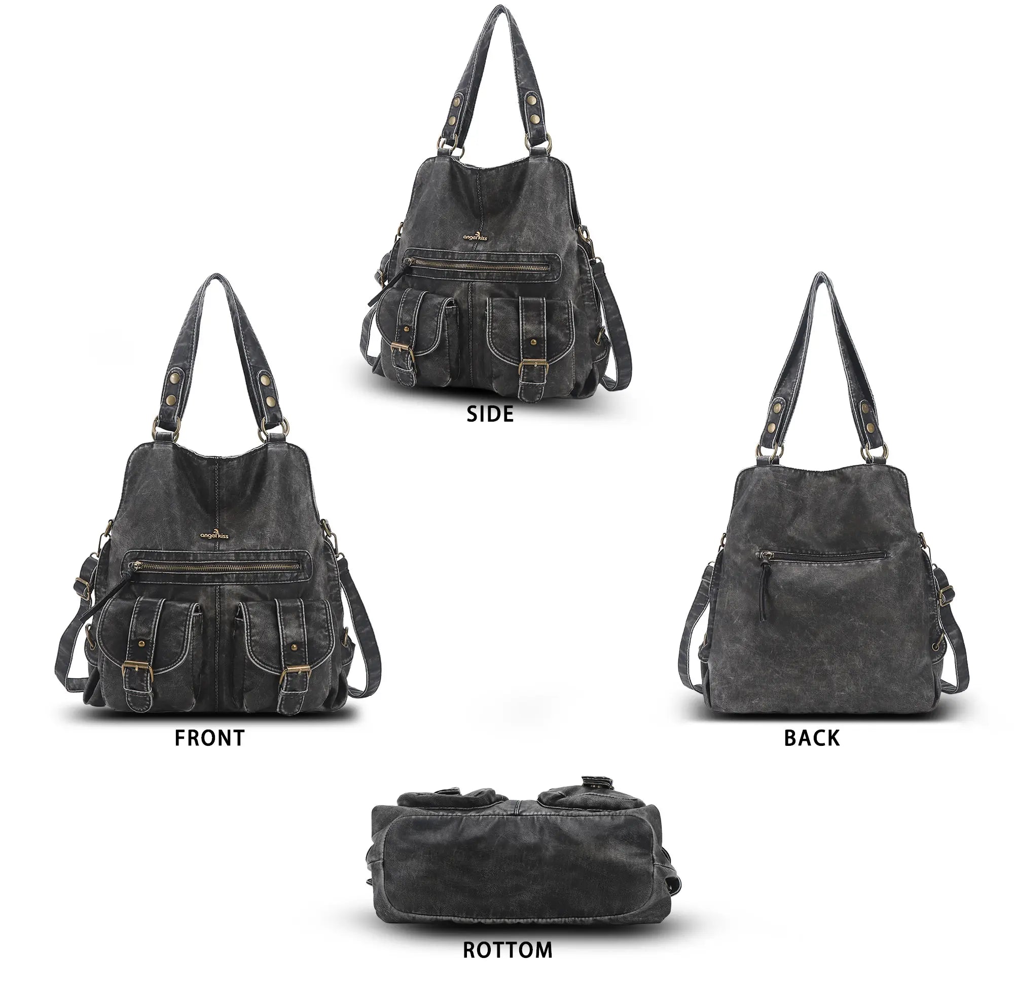 Washed Multi-Pocket Cargo Tote Bag with Crossbody Strap