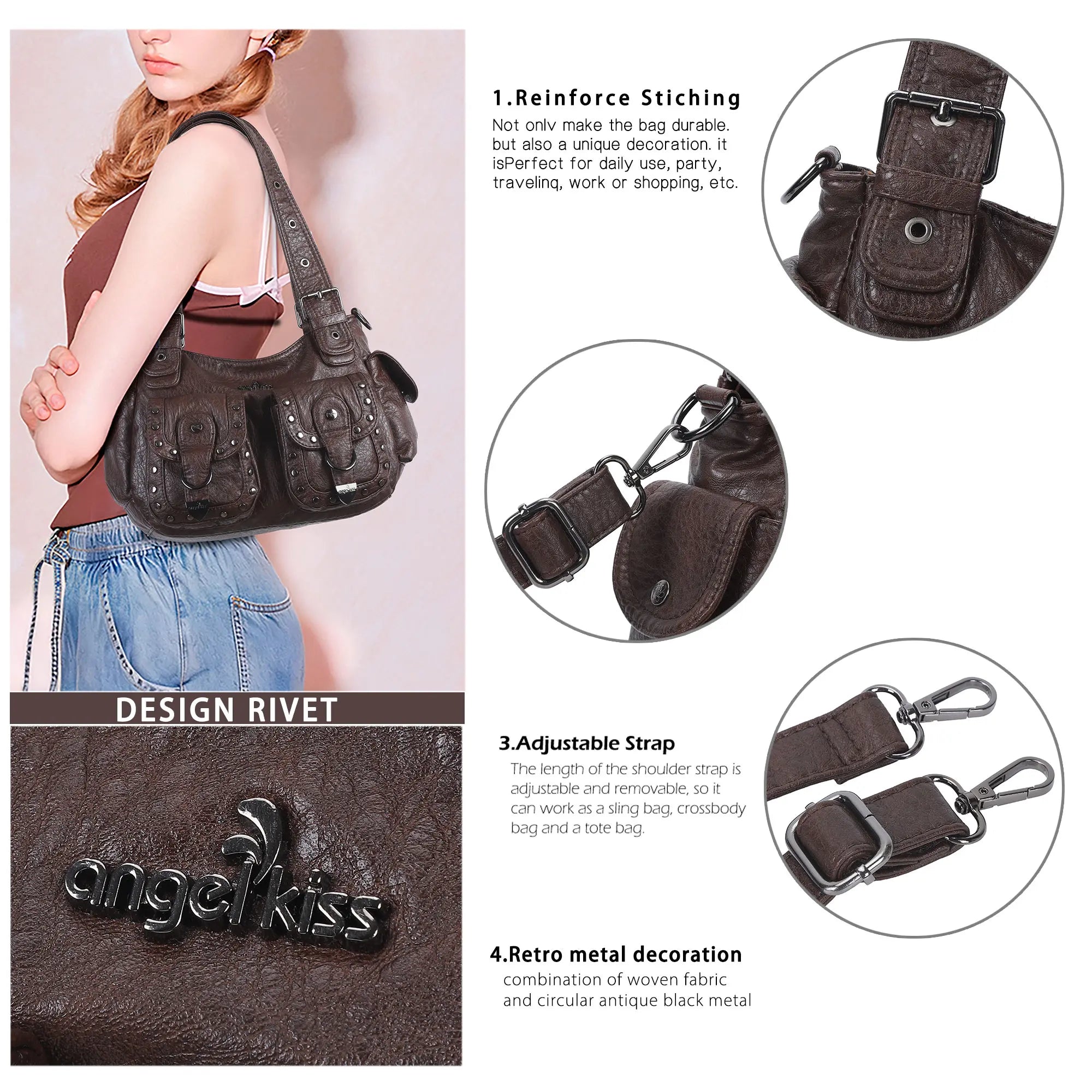 Vintage Washed Multi-Pocket Purse - Punk Studded Crossbody Shoulder Bag for Women
