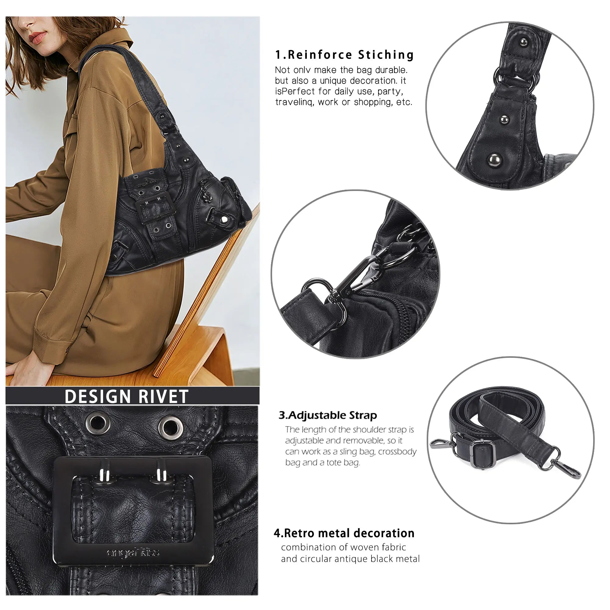 Women’s Moto Buckle Multi-Pocket Convertible Satchel Bag