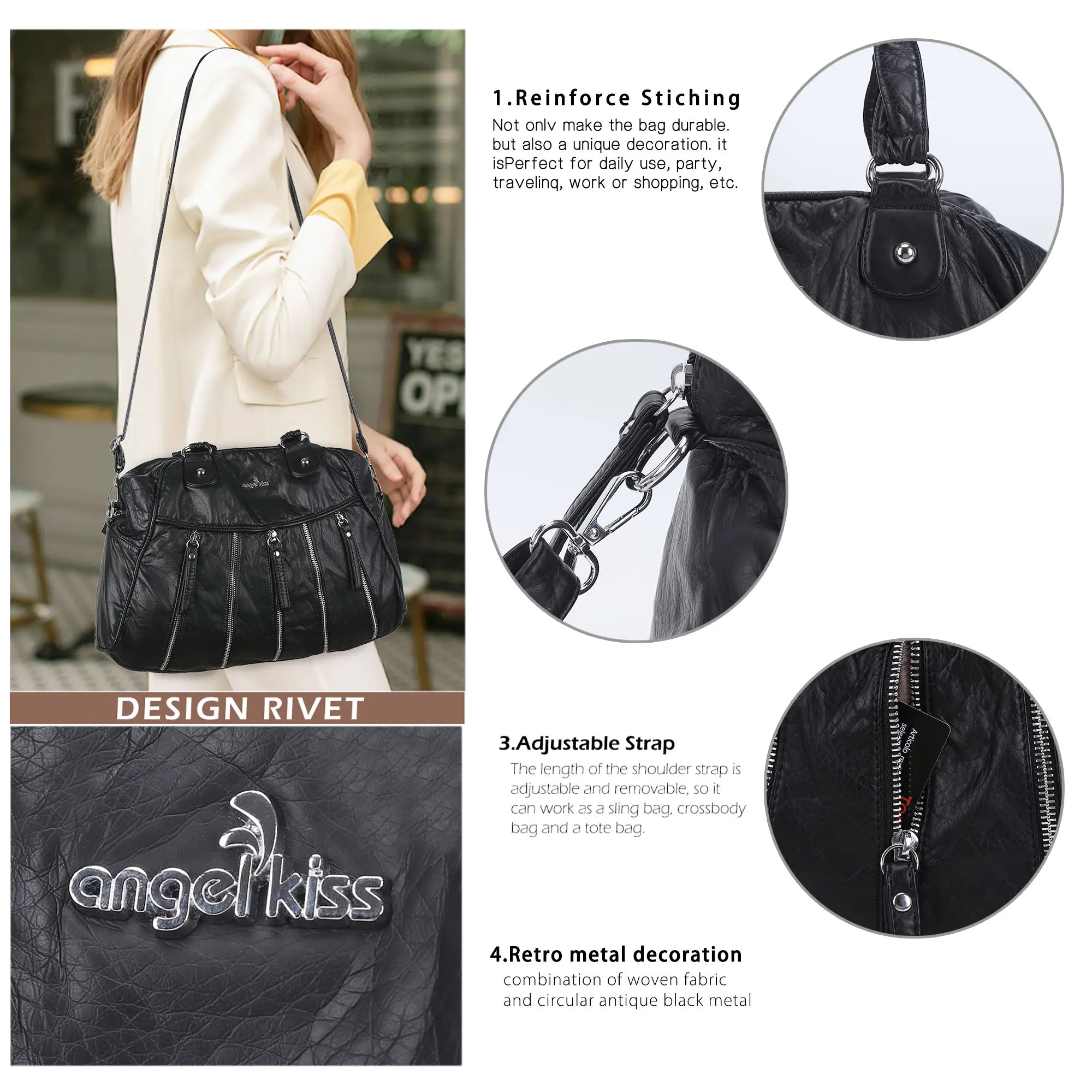 Large Multi-Zipper Pocket Satchel Bag with Crossbody Strap