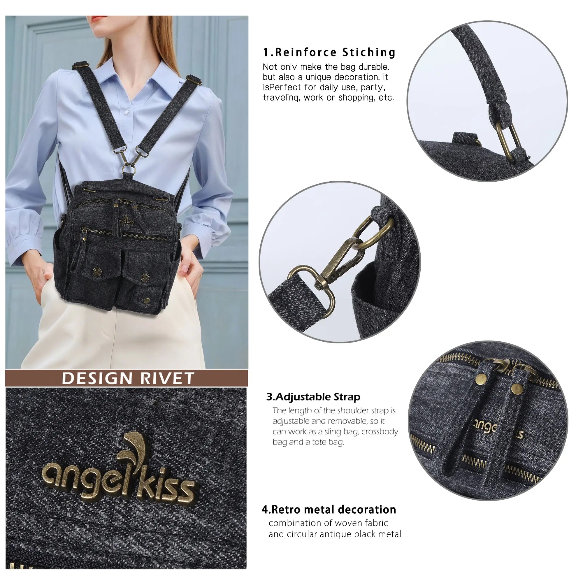 Denim Convertible Backpack Purse with Studded Strap