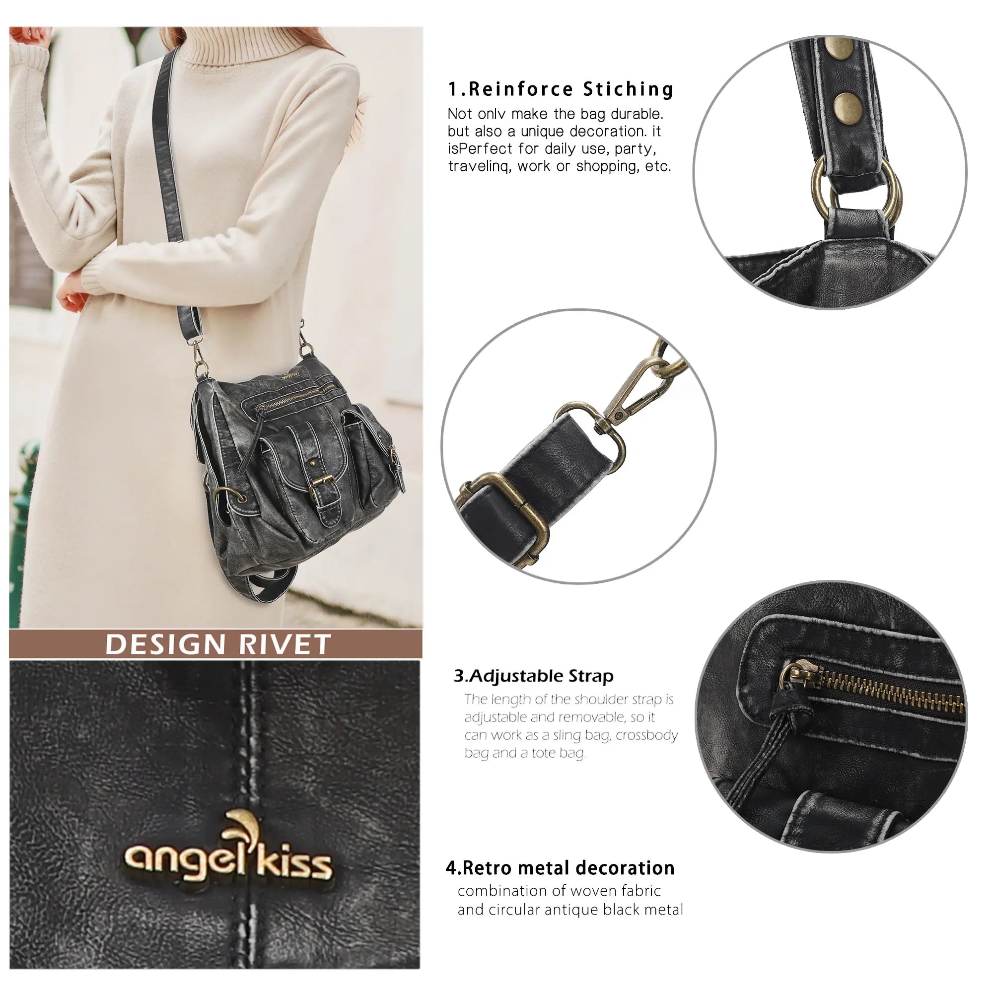 Washed Multi-Pocket Cargo Tote Bag with Crossbody Strap