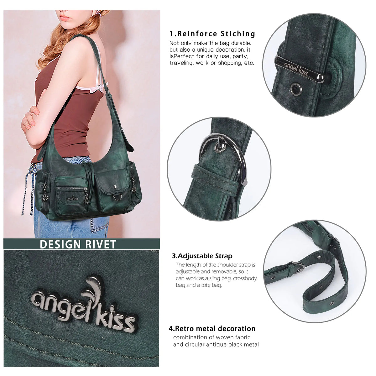 Shoulder Bag – Vintage Cargo Hobo with Flower Charms
