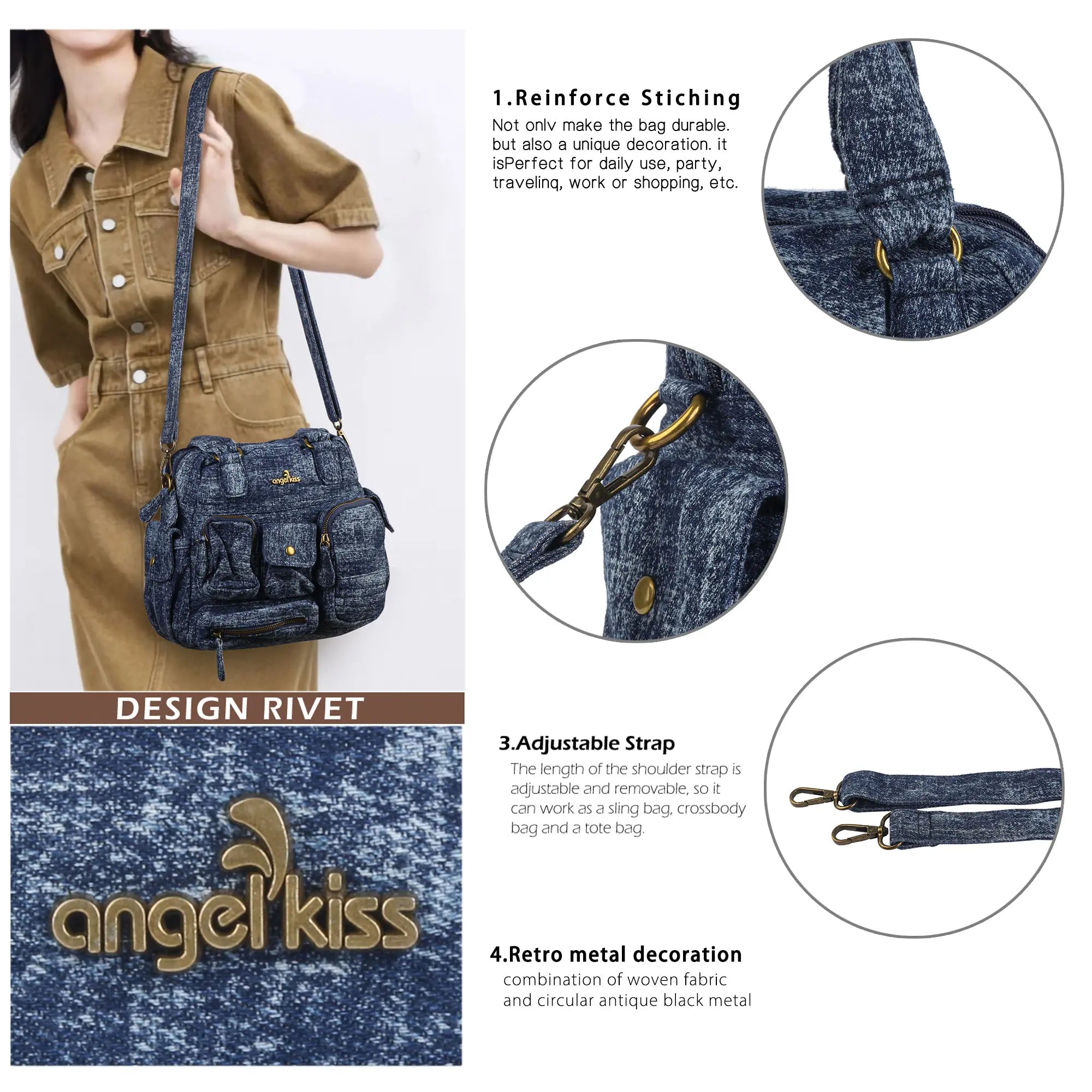 Small Multi-Pocket Denim Satchel Bag with Crossbody Strap